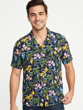 NEW Old Navy Short Sleeve Hawaiian Shirt Tropical Print Cotton size XXL Vacation